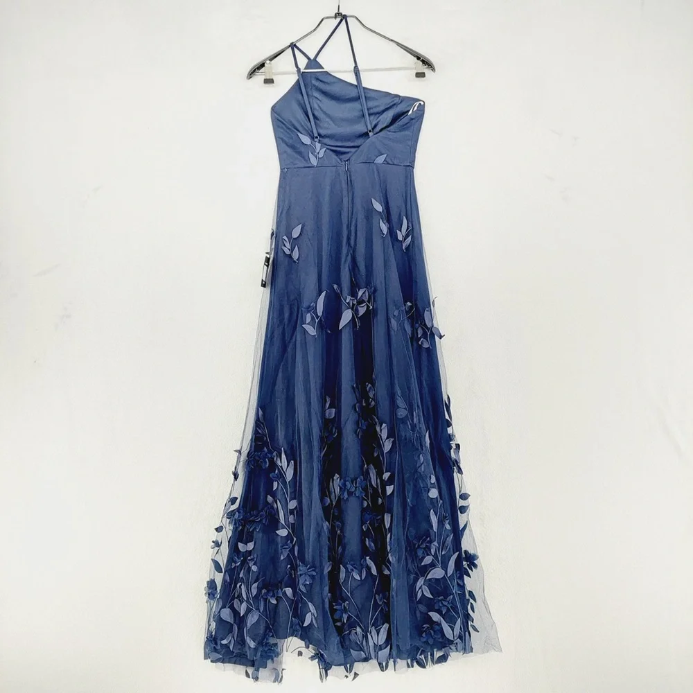 NEW Lulus Regal Poise Navy Blue 3D Floral Applique One-Shoulder Maxi Dress P3433 - Picture 6 of 10